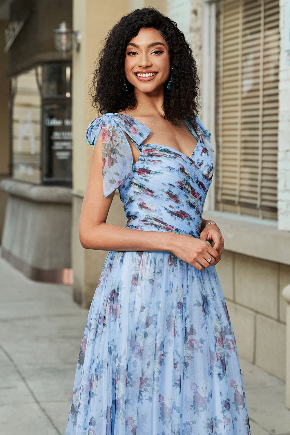 Blue A-Line Printed Adjustable Straps Long Ball Dress