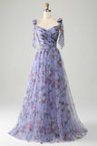 A-Line Blue Printed Adjustable Straps Long Ball Dress