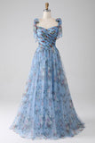 A-Line Blue Printed Adjustable Straps Long Ball Dress