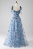 A-Line Blue Printed Adjustable Straps Long Ball Dress