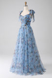 A-Line Blue Printed Adjustable Straps Long Ball Dress