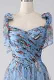 A-Line Blue Printed Adjustable Straps Long Ball Dress