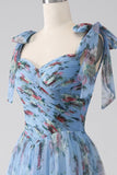 A-Line Blue Printed Adjustable Straps Long Ball Dress