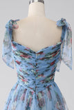 A-Line Blue Printed Adjustable Straps Long Ball Dress