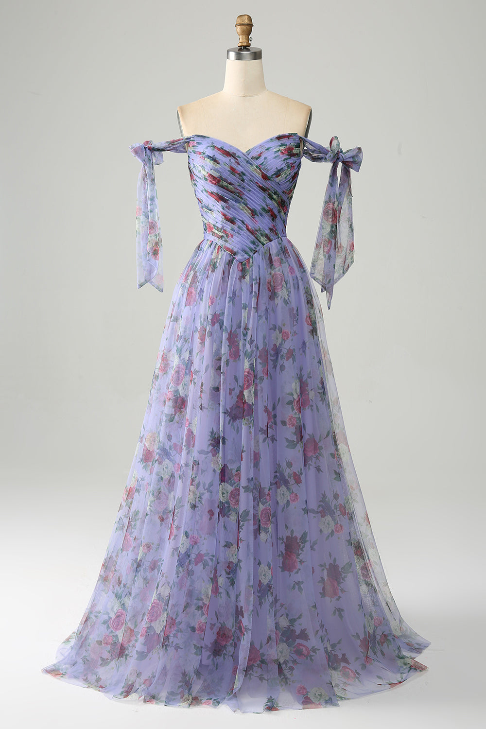 A-Line Blue Printed Adjustable Straps Long Ball Dress