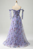 A-Line Blue Printed Adjustable Straps Long Ball Dress