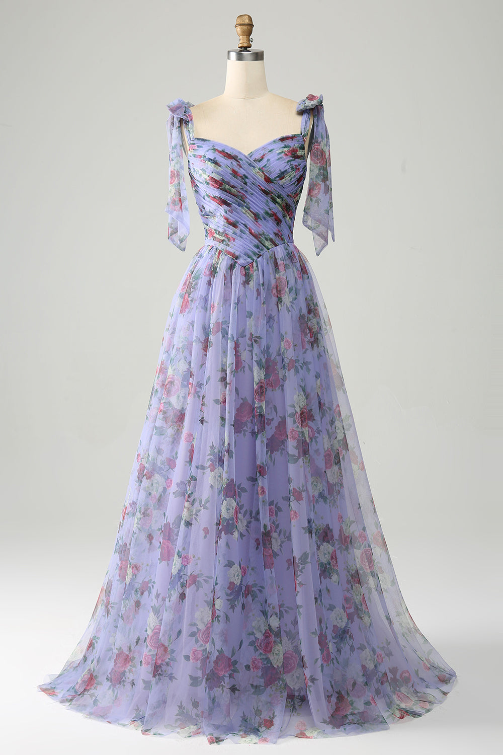 Lavender A-Line Floral Print Tulle Pleated Long Ball Dress