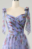 Lavender A-Line Floral Print Tulle Pleated Long Ball Dress