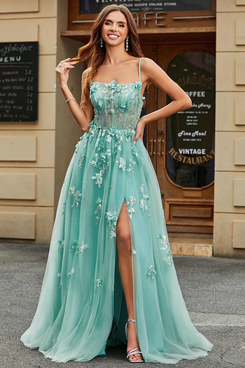 A-Line Green Tulle Corset Ball Dress with Appliques