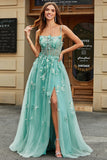 A-Line Green Tulle Corset Ball Dress with Appliques