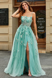 A-Line Green Tulle Corset Ball Dress with Appliques