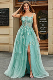 A-Line Green Tulle Corset Ball Dress with Appliques