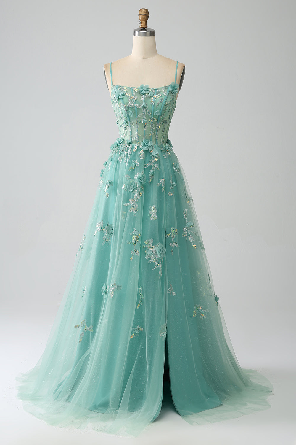 Green A-Line Spaghetti Straps Long Corset Ball Dress with Appliques