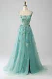 Green A-Line Spaghetti Straps Long Corset Ball Dress with Appliques