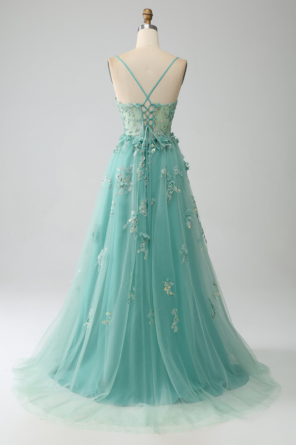 Green A-Line Spaghetti Straps Long Corset Ball Dress with Appliques