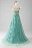 Green A-Line Spaghetti Straps Long Corset Ball Dress with Appliques
