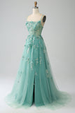 Green A-Line Spaghetti Straps Long Corset Ball Dress with Appliques