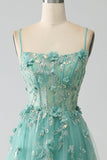 Green A-Line Spaghetti Straps Long Corset Ball Dress with Appliques