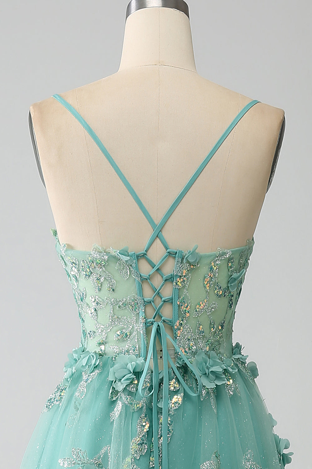 Green A-Line Spaghetti Straps Long Corset Ball Dress with Appliques