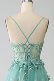 Green A-Line Spaghetti Straps Long Corset Ball Dress with Appliques