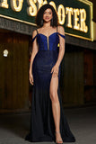 Sparkly Navy Mermaid Long Corset Beaded Ball Dress with Slit