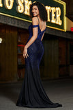 Sparkly Navy Mermaid Long Corset Beaded Ball Dress with Slit