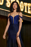 Sparkly Navy Mermaid Long Corset Beaded Ball Dress with Slit