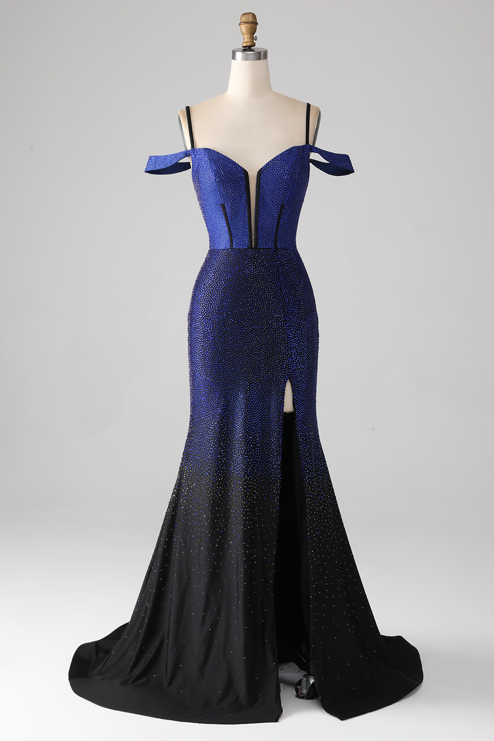 Sparkly Navy Mermaid Long Corset Ball Dress with Slit