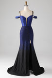 Sparkly Navy Mermaid Long Corset Ball Dress with Slit