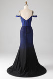 Sparkly Navy Mermaid Long Corset Ball Dress with Slit