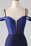 Sparkly Navy Mermaid Long Corset Ball Dress with Slit