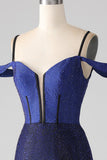 Sparkly Navy Mermaid Long Corset Ball Dress with Slit