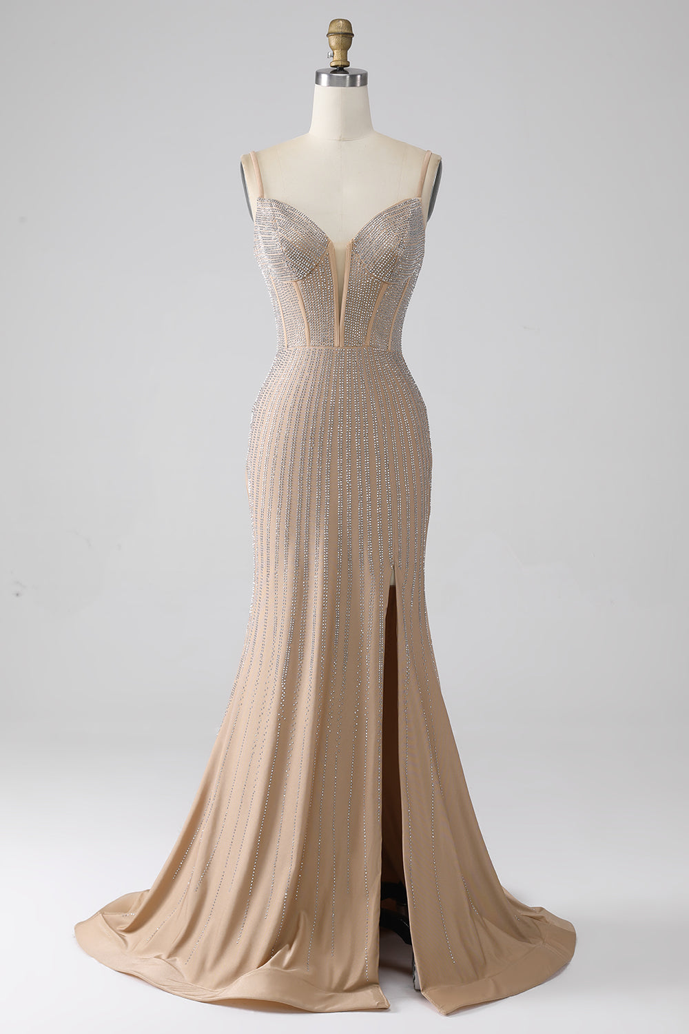 Sparkly Champagne Mermaid Spaghetti Straps Long Ball Dress with Slit