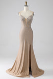Sparkly Champagne Mermaid Spaghetti Straps Long Ball Dress with Slit