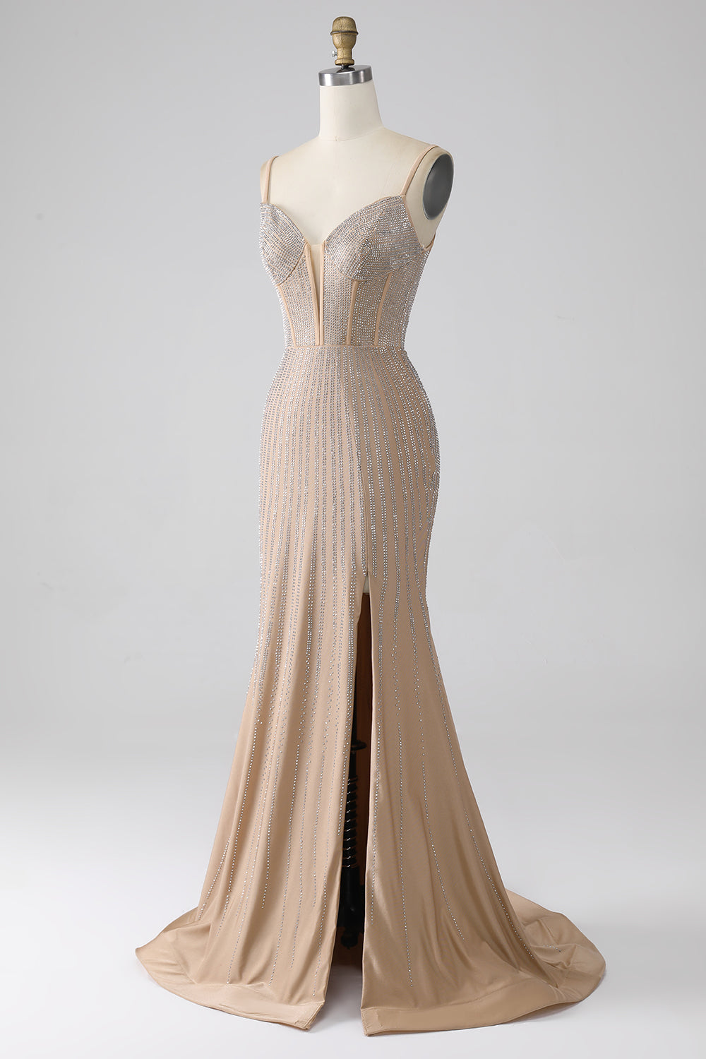 Sparkly Champagne Mermaid Spaghetti Straps Long Ball Dress with Slit
