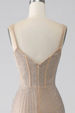 Sparkly Champagne Mermaid Spaghetti Straps Long Ball Dress with Slit