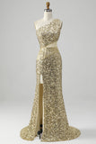 Golden One Shoulder Fringe Sequin Ball Dress With Slit