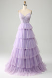 Lilac Tulle Tiered Princess Corset Ball Dress with Appliques