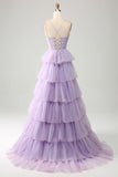 Lilac Tulle Tiered Princess Corset Ball Dress with Appliques