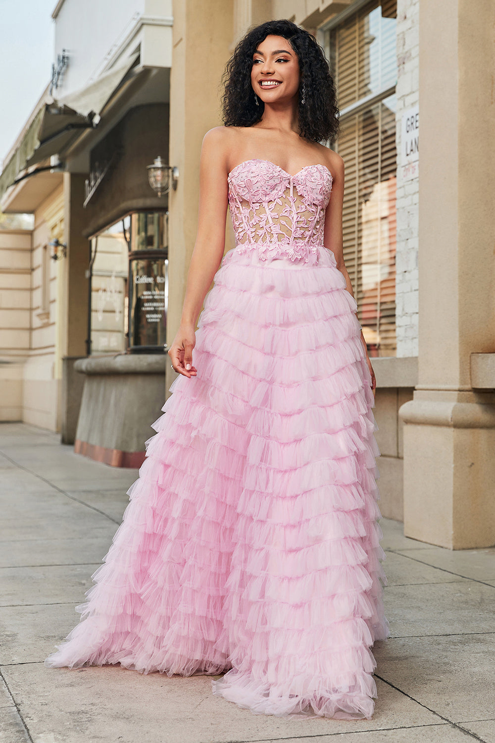 Pink A-Line Strapless Tiered Long Corset Ball Dress with Lace