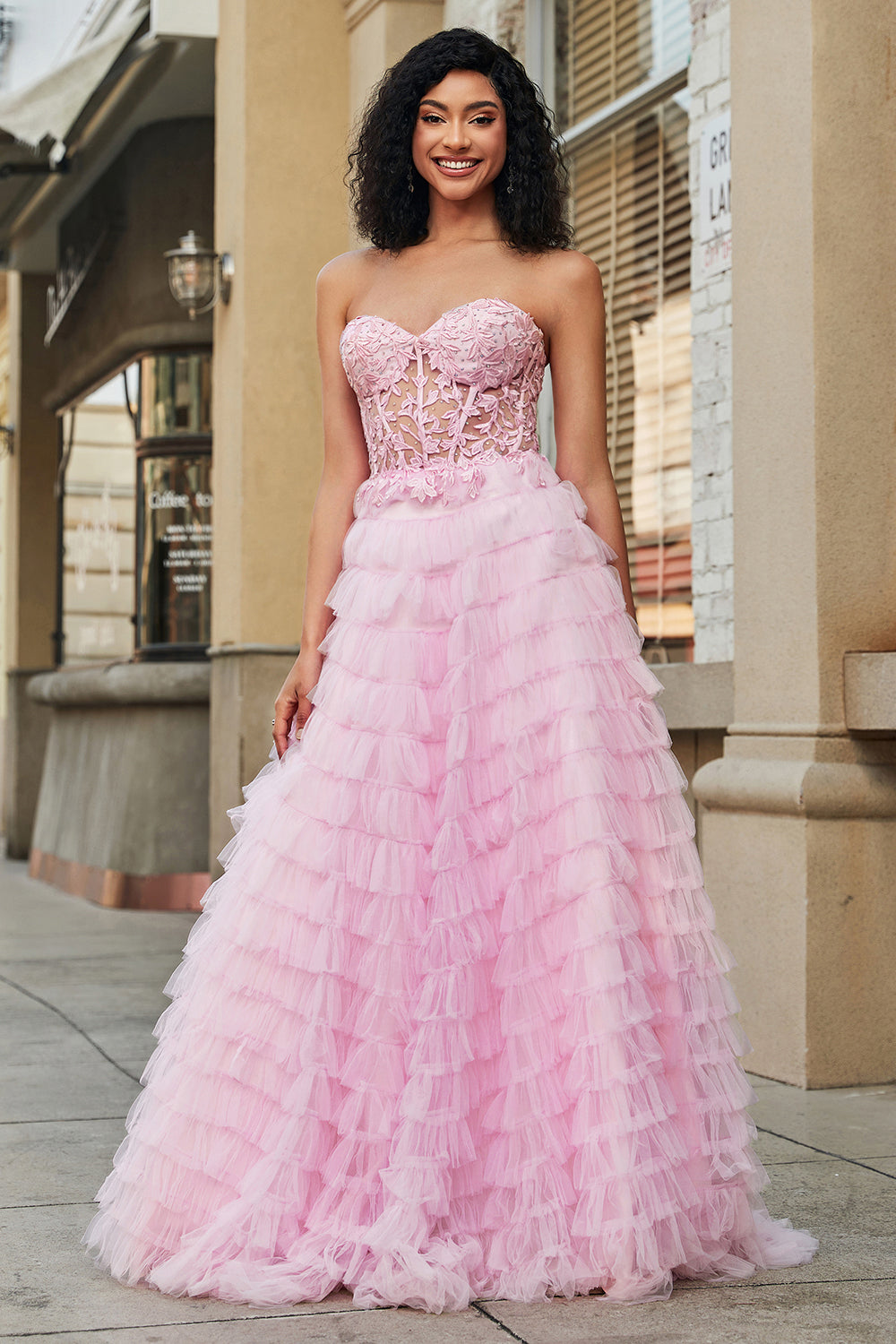 Pink A-Line Strapless Tiered Long Corset Ball Dress with Lace