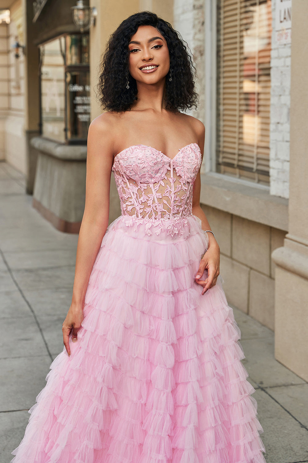 Pink A-Line Strapless Tiered Long Corset Ball Dress with Lace