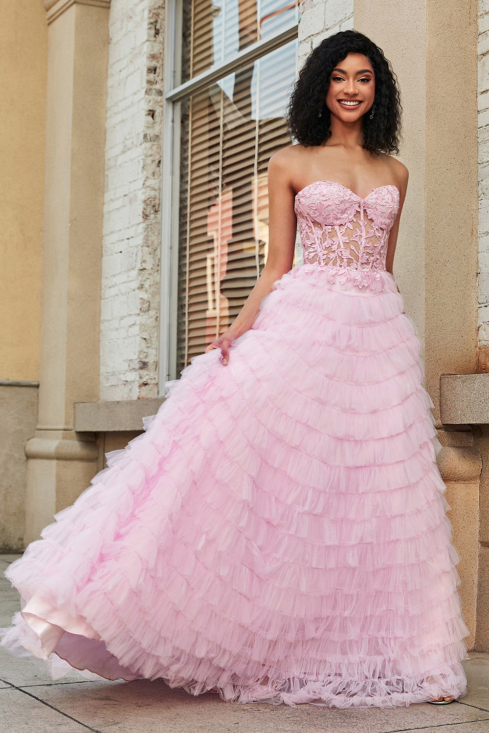 Pink A-Line Strapless Tiered Long Corset Ball Dress with Lace