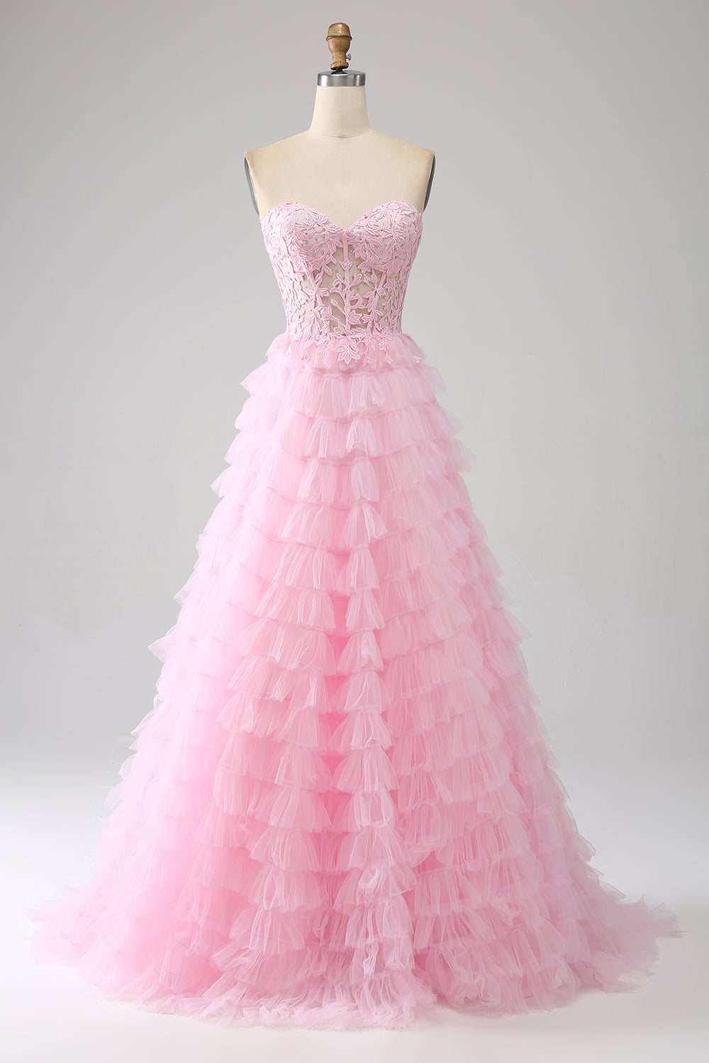 Pink A-Line Strapless Tiered Long Corset Ball Dress