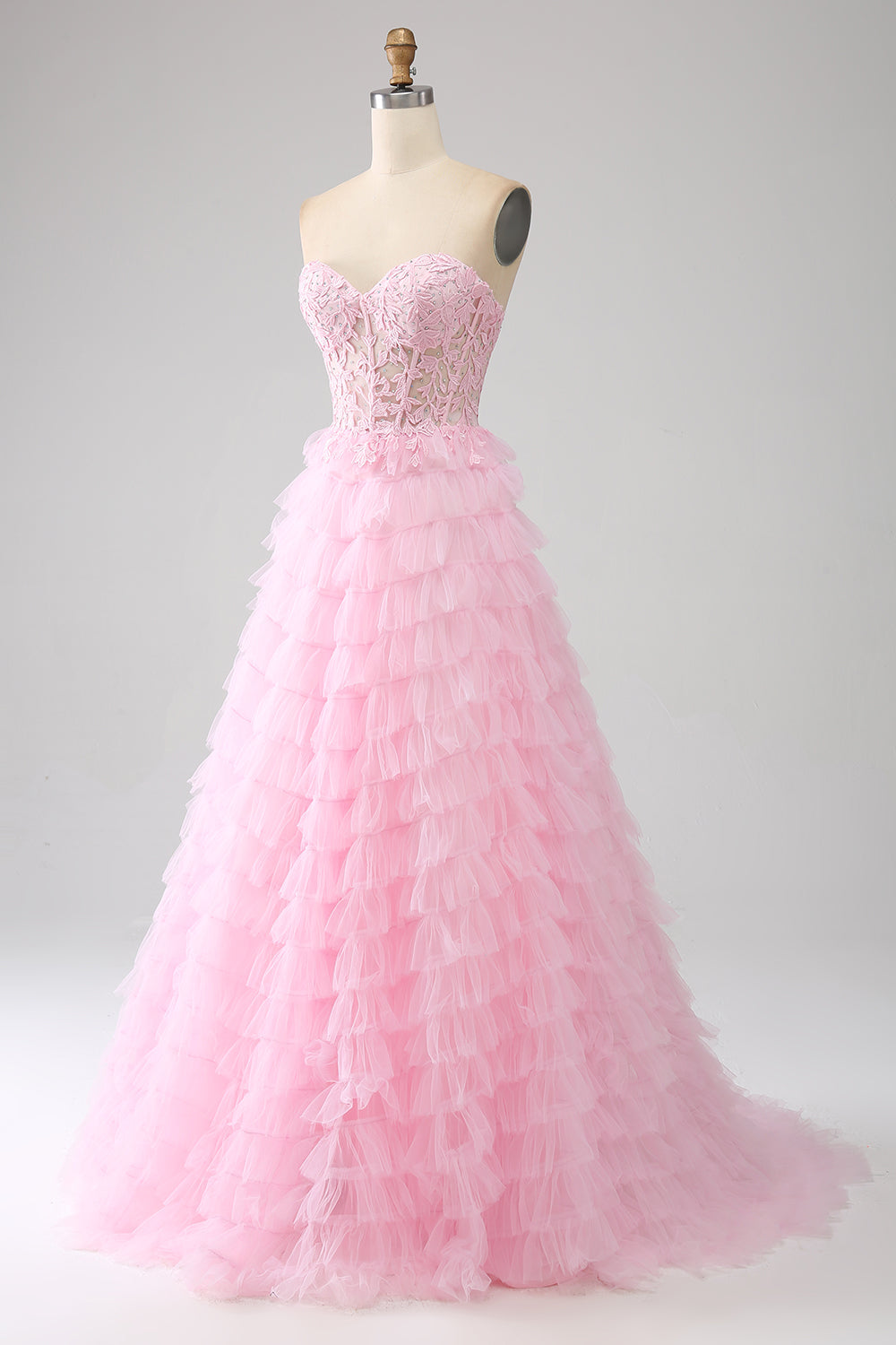 Pink A-Line Strapless Tiered Long Corset Ball Dress