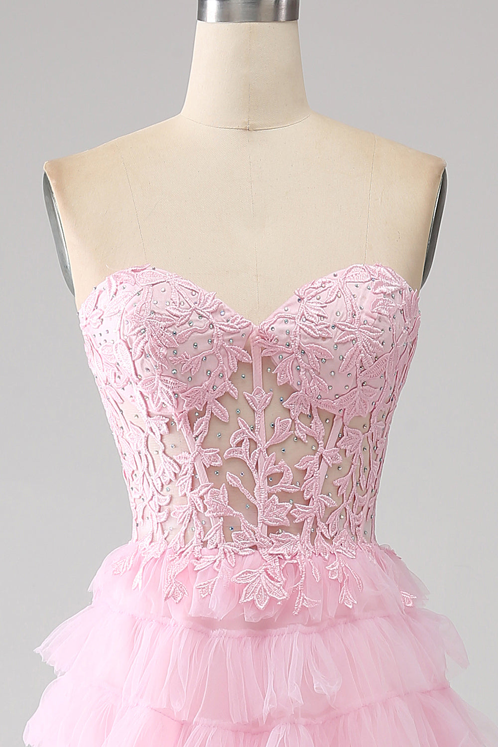 Pink A-Line Strapless Tiered Long Corset Ball Dress