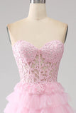 Pink A-Line Strapless Tiered Long Corset Ball Dress