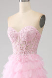 Pink A-Line Strapless Tiered Long Corset Ball Dress