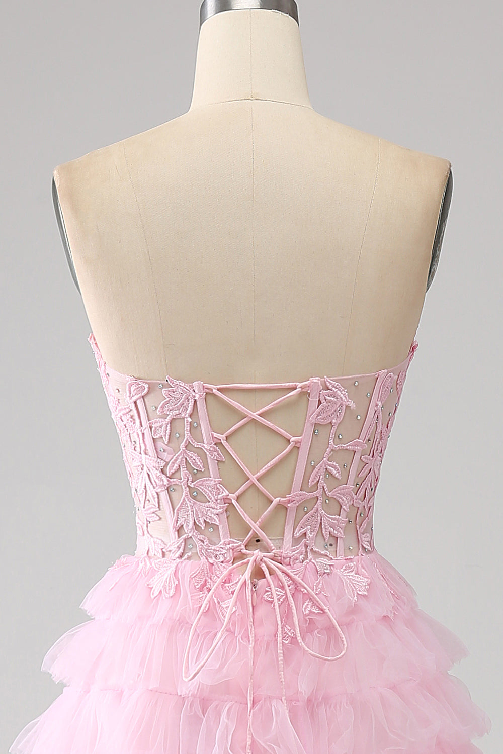 Pink A-Line Strapless Tiered Long Corset Ball Dress
