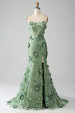 Mermaid Spaghetti Straps Green Corset Ball Dress with Appliques
